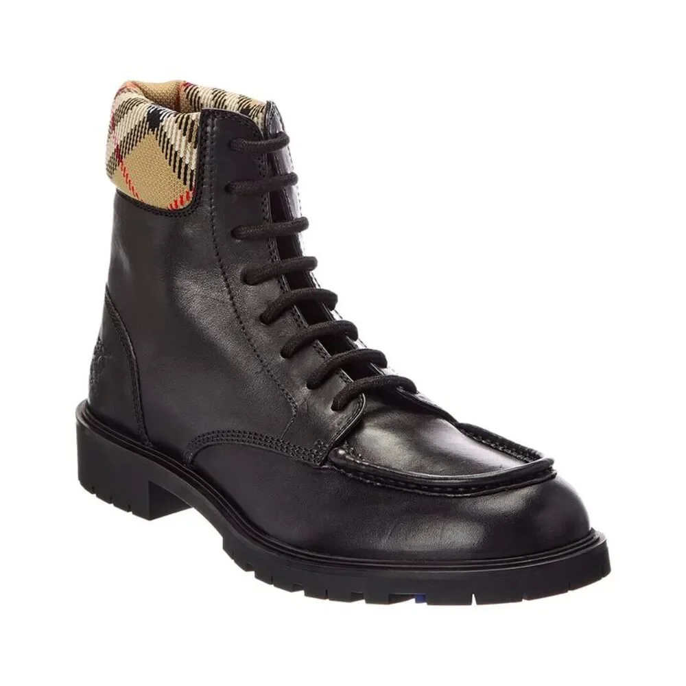 Burberry Check Leather Boot Leather Boot, Black